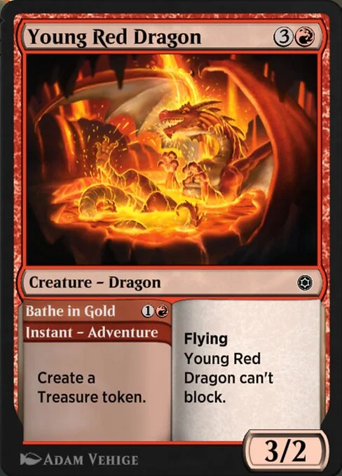 Young Red Dragon // Bathe in Gold, carta Magic di tipo Creature — Dragon // Instant — Adventure illustrata da Adam Vehige