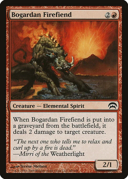 Bogardan Firefiend, carta Magic di tipo Creature — Elemental Spirit illustrata da Terese Nielsen