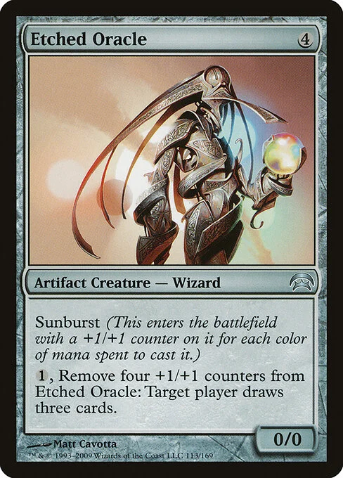 Etched Oracle, carta Magic di tipo Artifact Creature — Wizard illustrata da Matt Cavotta