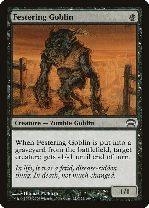 Festering Goblin, carta Magic di tipo Creature — Zombie Goblin illustrata da Thomas M. Baxa