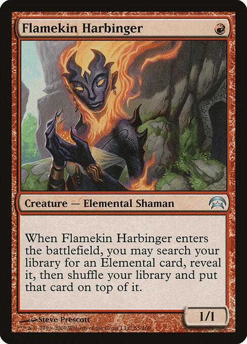 Flamekin Harbinger, carta Magic di tipo Creature — Elemental Shaman illustrata da Steve Prescott