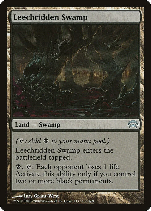 Leechridden Swamp, carta Magic di tipo Land — Swamp illustrata da Lars Grant-West