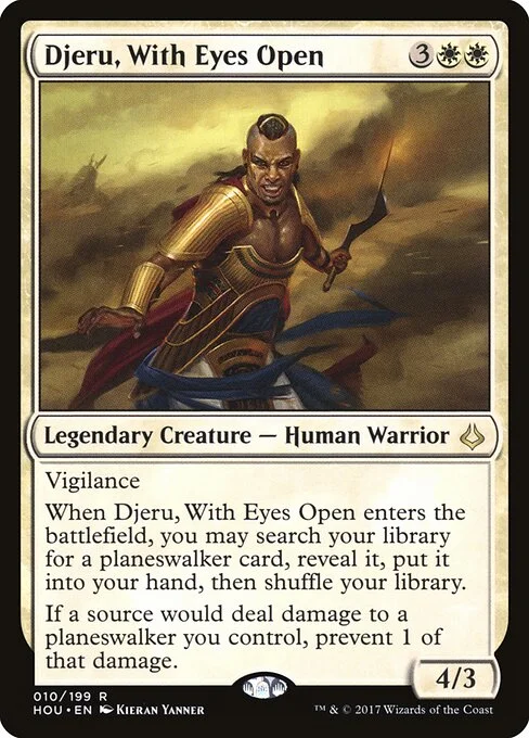 Djeru, With Eyes Open, carta Magic di tipo Legendary Creature — Human Warrior illustrata da Kieran Yanner