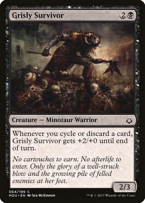 Grisly Survivor, carta Magic di tipo Creature — Minotaur Warrior illustrata da Seb McKinnon