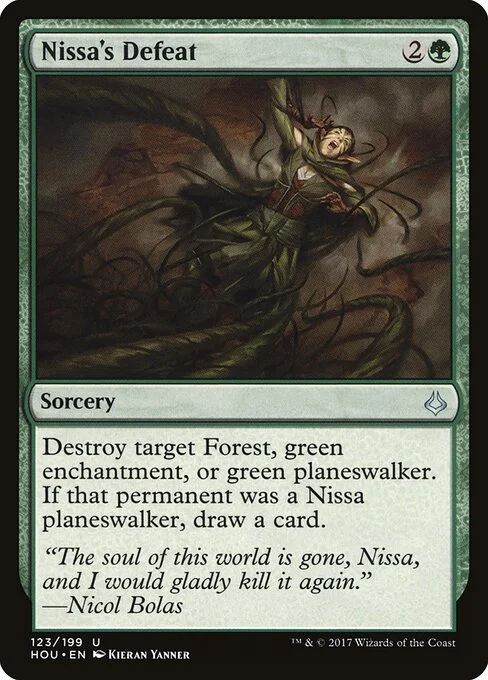 Nissa's Defeat, carta Magic di tipo Sorcery illustrata da Kieran Yanner