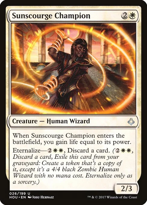Sunscourge Champion, carta Magic di tipo Creature — Human Wizard illustrata da Josu Hernaiz