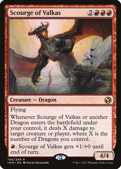 Scourge of Valkas, carta Magic di tipo Creature — Dragon illustrata da Lucas Graciano
