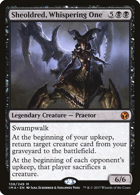 Sheoldred, Whispering One, carta Magic di tipo Legendary Creature — Phyrexian Praetor illustrata da Jana Schirmer & Johannes Voss