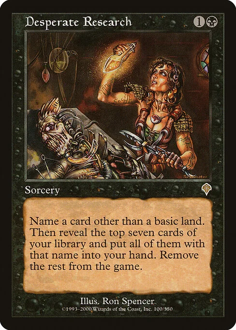 Desperate Research, carta Magic di tipo Sorcery illustrata da Ron Spencer