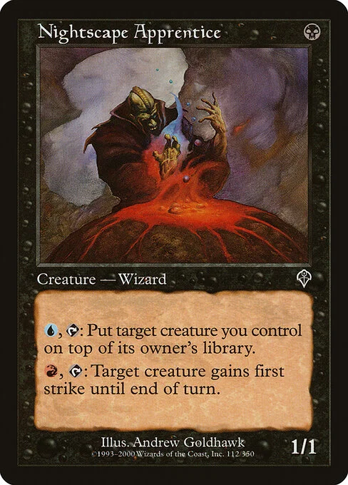 Nightscape Apprentice, carta Magic di tipo Creature — Zombie Wizard illustrata da Andrew Goldhawk