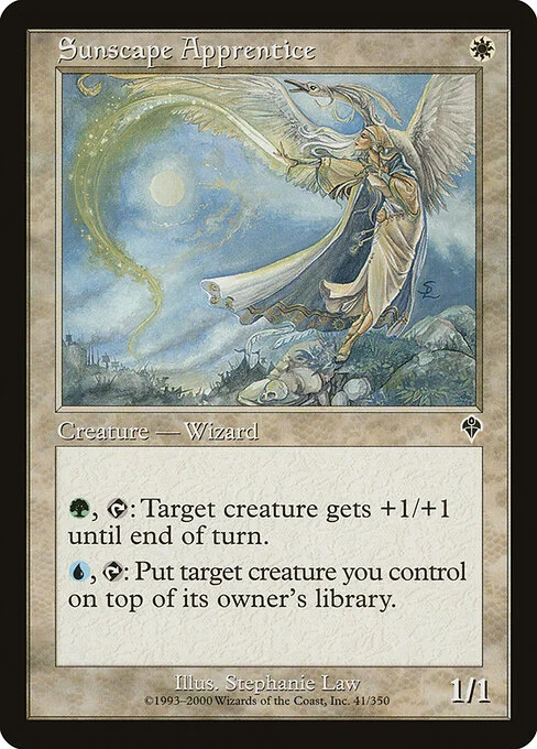Sunscape Apprentice, carta Magic di tipo Creature — Human Wizard illustrata da Stephanie Law