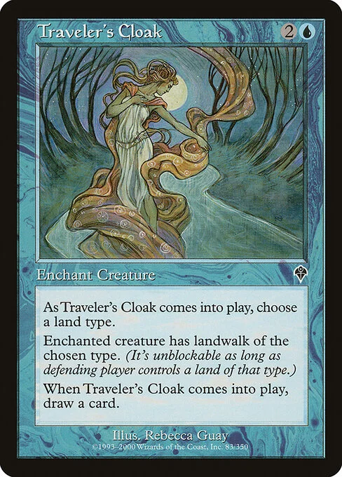 Traveler's Cloak, carta Magic di tipo Enchantment — Aura illustrata da Rebecca Guay