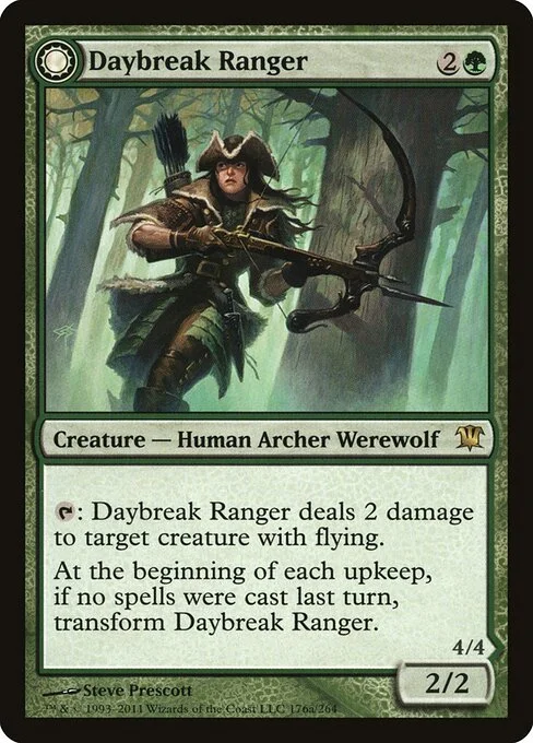Daybreak Ranger // Nightfall Predator, carta Magic di tipo Creature — Human Archer Ranger Werewolf // Creature — Werewolf illustrata da Steve Prescott