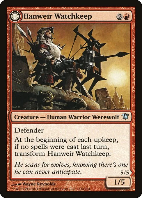 Hanweir Watchkeep // Bane of Hanweir, carta Magic di tipo Creature — Human Warrior Werewolf // Creature — Werewolf illustrata da Wayne Reynolds