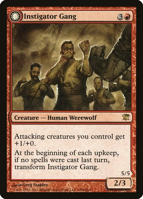 Instigator Gang // Wildblood Pack, carta Magic di tipo Creature — Human Werewolf // Creature — Werewolf illustrata da Greg Staples