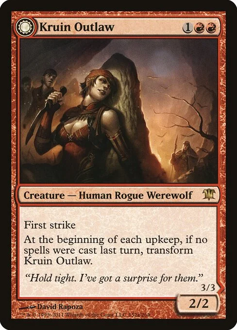 Kruin Outlaw // Terror of Kruin Pass, carta Magic di tipo Creature — Human Rogue Werewolf // Creature — Werewolf illustrata da David Rapoza
