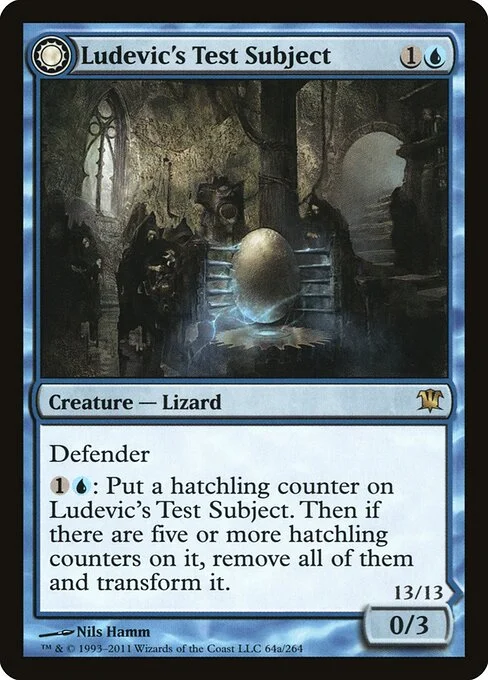 Ludevic's Test Subject // Ludevic's Abomination, carta Magic di tipo Creature — Lizard Egg // Creature — Lizard Horror illustrata da Nils Hamm