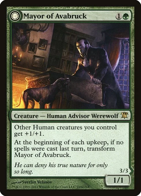 Mayor of Avabruck // Howlpack Alpha, carta Magic di tipo Creature — Human Advisor Werewolf // Creature — Werewolf illustrata da Svetlin Velinov