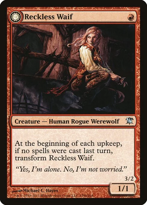 Reckless Waif // Merciless Predator, carta Magic di tipo Creature — Human Rogue Werewolf // Creature — Werewolf illustrata da Michael C. Hayes