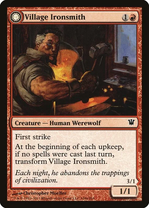 Village Ironsmith // Ironfang, carta Magic di tipo Creature — Human Werewolf // Creature — Werewolf illustrata da Christopher Moeller