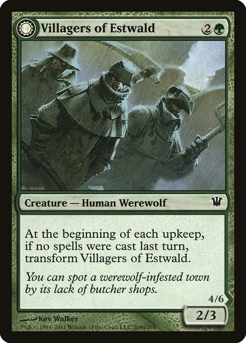 Villagers of Estwald // Howlpack of Estwald, carta Magic di tipo Creature — Human Werewolf // Creature — Werewolf illustrata da Kev Walker