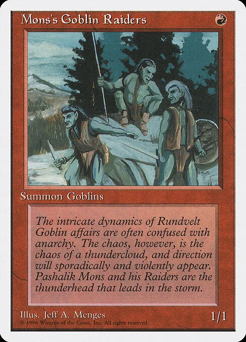 Mons's Goblin Raiders, carta Magic di tipo Creature — Goblin illustrata da Jeff A. Menges