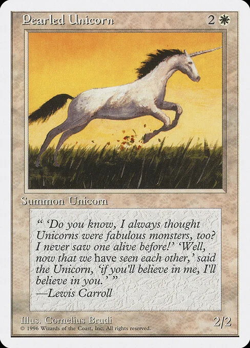 Pearled Unicorn, carta Magic di tipo Creature — Unicorn illustrata da Cornelius Brudi
