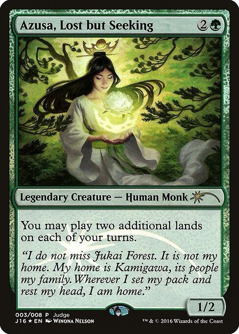 Azusa, Lost but Seeking, carta Magic di tipo Legendary Creature — Human Monk illustrata da Winona Nelson