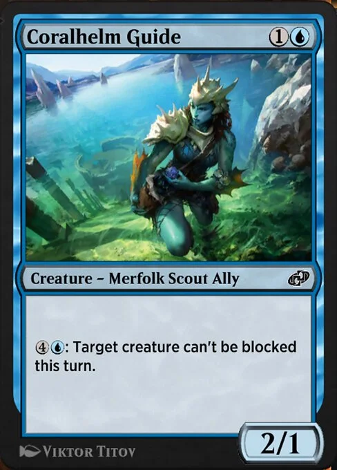 Coralhelm Guide, carta Magic di tipo Creature — Merfolk Scout Ally illustrata da Viktor Titov