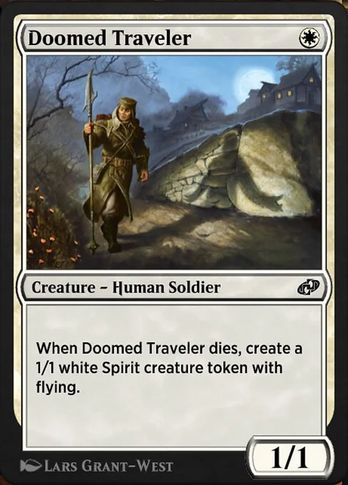 Doomed Traveler, carta Magic di tipo Creature — Human Soldier illustrata da Lars Grant-West