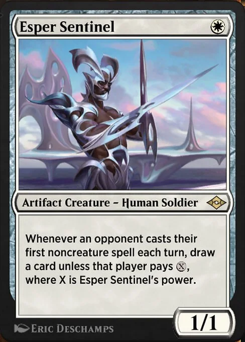 Esper Sentinel, carta Magic di tipo Artifact Creature — Human Soldier illustrata da Eric Deschamps