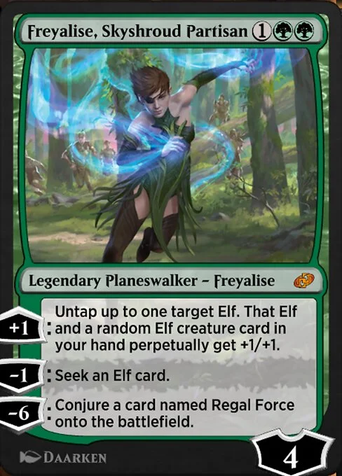 Freyalise, Skyshroud Partisan, carta Magic di tipo Legendary Planeswalker — Freyalise illustrata da Daarken