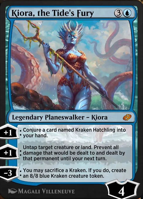 Kiora, the Tide's Fury, carta Magic di tipo Legendary Planeswalker — Kiora illustrata da Magali Villeneuve