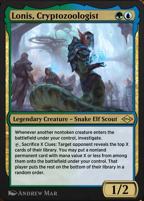 Lonis, Cryptozoologist, carta Magic di tipo Legendary Creature — Snake Elf Scout illustrata da Andrew Mar