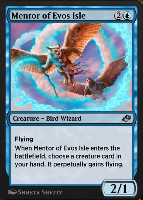 Mentor of Evos Isle, carta Magic di tipo Creature — Bird Wizard illustrata da Shreya Shetty