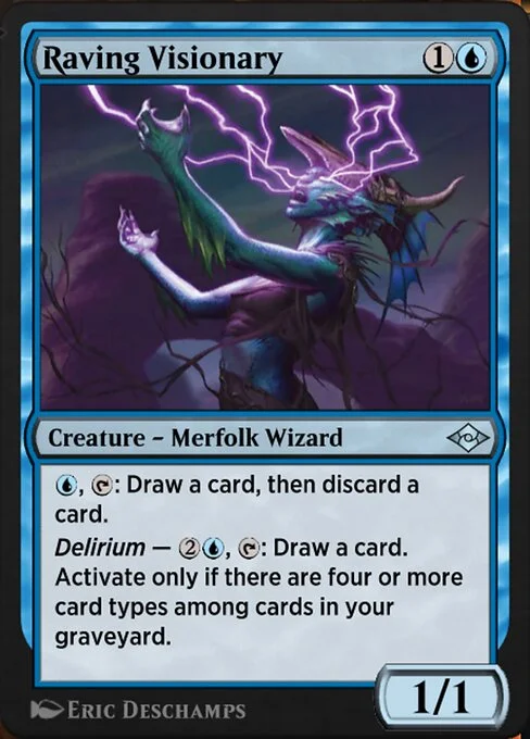 Raving Visionary, carta Magic di tipo Creature — Merfolk Wizard illustrata da Eric Deschamps