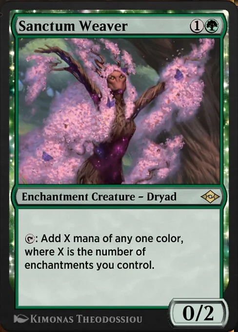Sanctum Weaver, carta Magic di tipo Enchantment Creature — Dryad illustrata da Kimonas Theodossiou