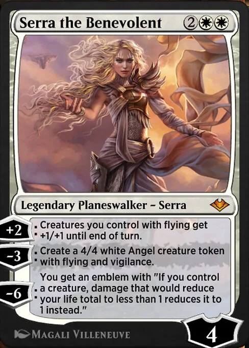 Serra the Benevolent, carta Magic di tipo Legendary Planeswalker — Serra illustrata da Magali Villeneuve