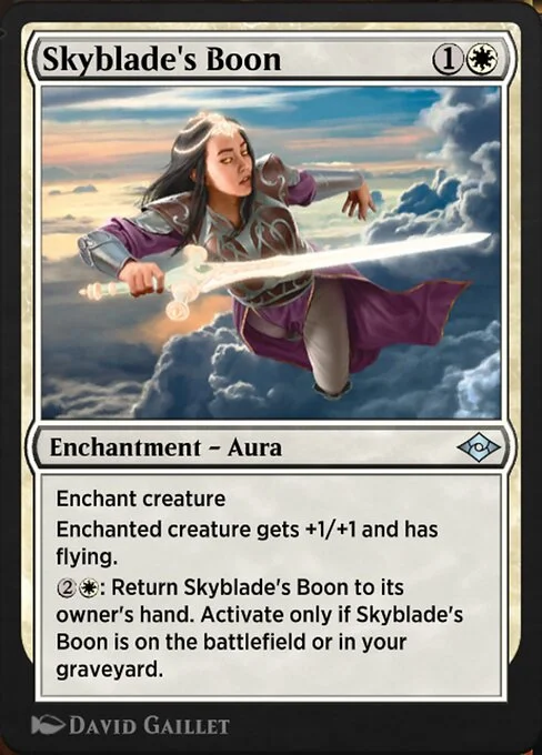 Skyblade's Boon, carta Magic di tipo Enchantment — Aura illustrata da David Gaillet