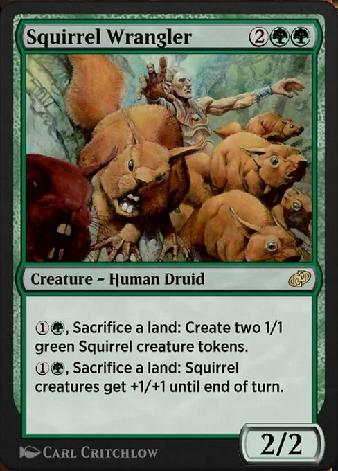 Squirrel Wrangler, carta Magic di tipo Creature — Human Druid illustrata da Carl Critchlow