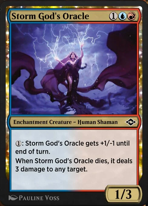 Storm God's Oracle, carta Magic di tipo Enchantment Creature — Human Shaman illustrata da Pauline Voss
