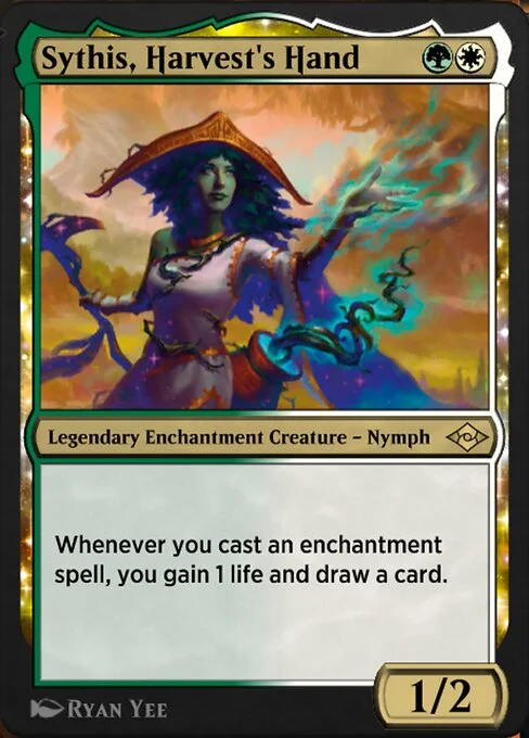 Sythis, Harvest's Hand, carta Magic di tipo Legendary Enchantment Creature — Nymph illustrata da Ryan Yee