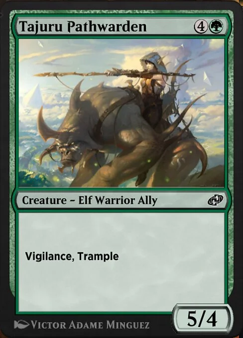 Tajuru Pathwarden, carta Magic di tipo Creature — Elf Warrior Ally illustrata da Victor Adame Minguez