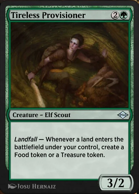 Tireless Provisioner, carta Magic di tipo Creature — Elf Scout illustrata da Josu Hernaiz