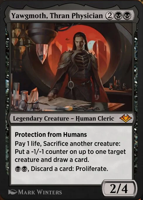 Yawgmoth, Thran Physician, carta Magic di tipo Legendary Creature — Human Cleric illustrata da Mark Winters