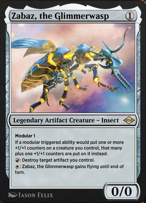 Zabaz, the Glimmerwasp, carta Magic di tipo Legendary Artifact Creature — Insect illustrata da Jason Felix