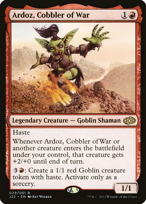 Ardoz, Cobbler of War, carta Magic di tipo Legendary Creature — Goblin Shaman illustrata da Kev Walker