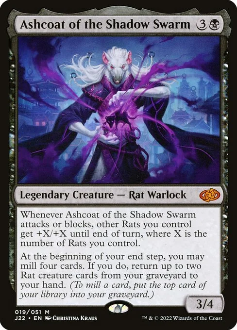Ashcoat of the Shadow Swarm, carta Magic di tipo Legendary Creature — Rat Warlock illustrata da Christina Kraus