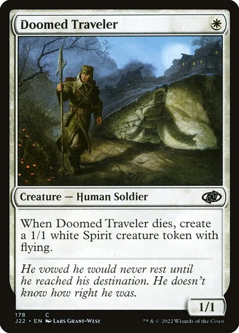 Doomed Traveler, carta Magic di tipo Creature — Human Soldier illustrata da Lars Grant-West