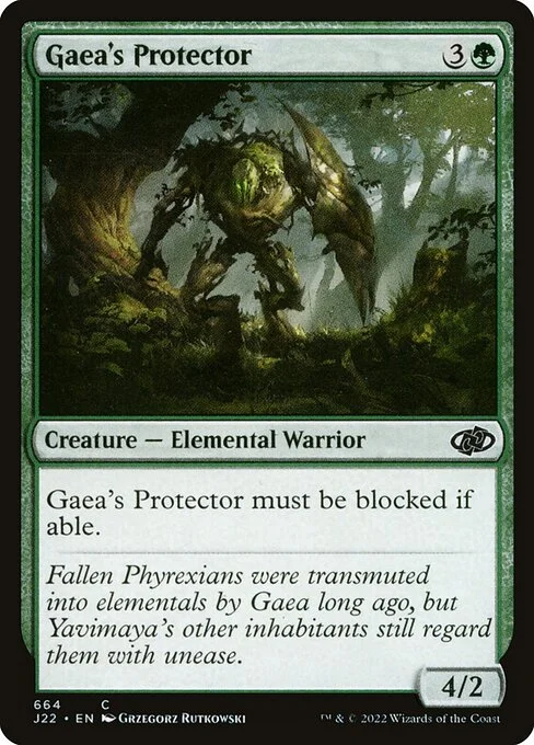 Gaea's Protector, carta Magic di tipo Creature — Elemental Warrior illustrata da Grzegorz Rutkowski